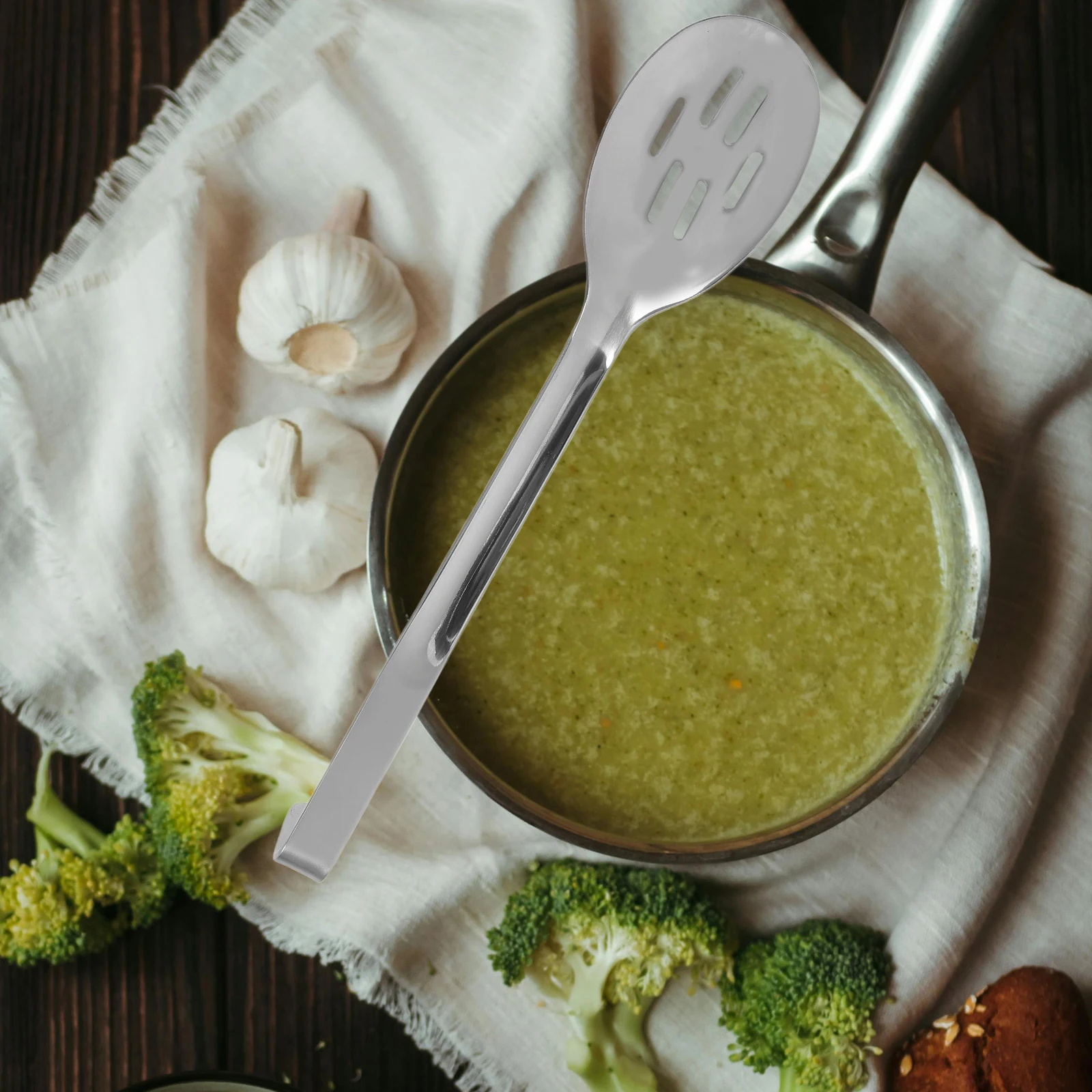 

1 Stainless Steel Slotted Spoon Hook Kitchen Accessory Reusable Ergonomic Serving Utensil for Soups Salads Pasta Fruit Dessert