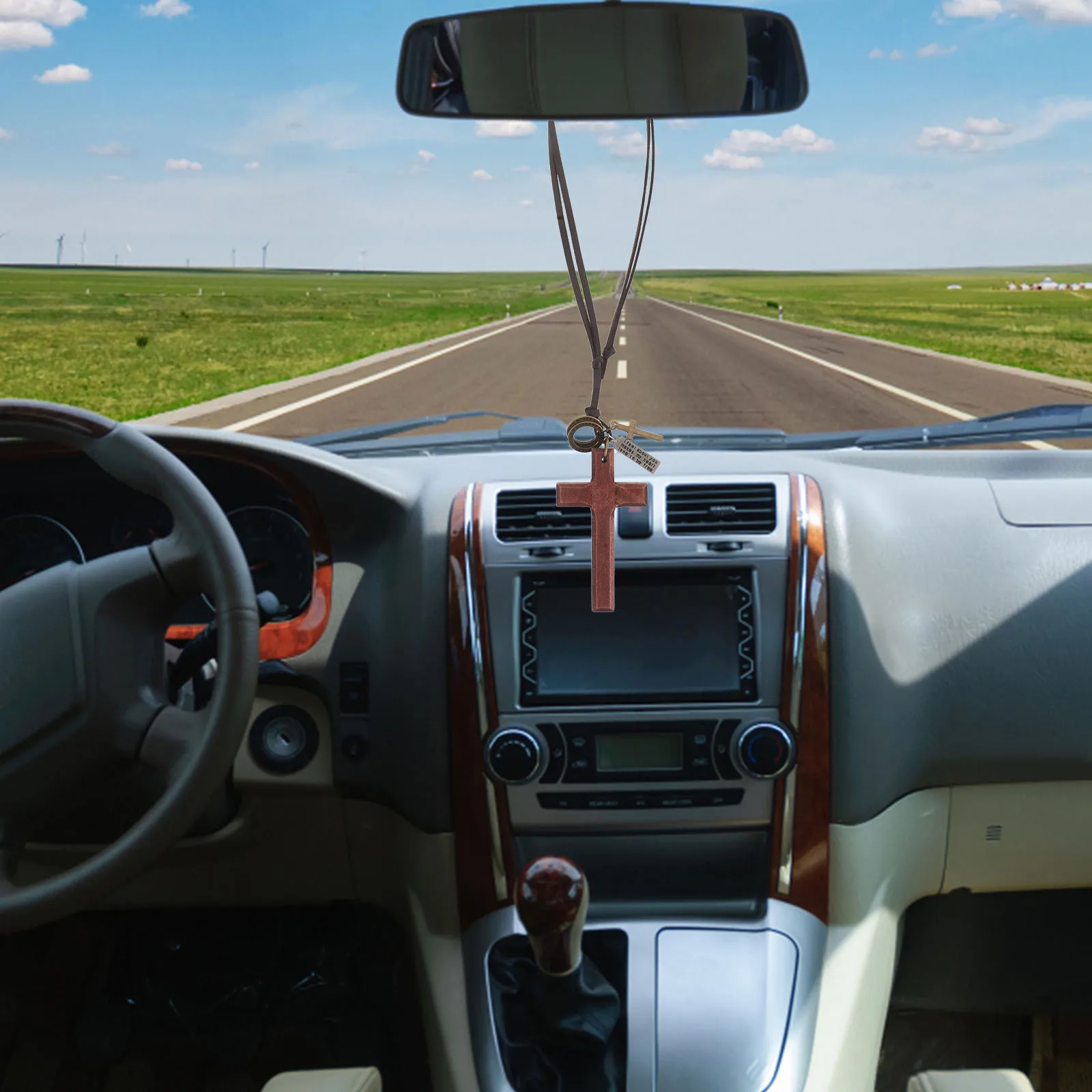 

2Pcs Vintage Wooden Car Cross Rearview Mirror Hanging Ornaments Letter Tag Decorative Interior Accessories Car Ornament