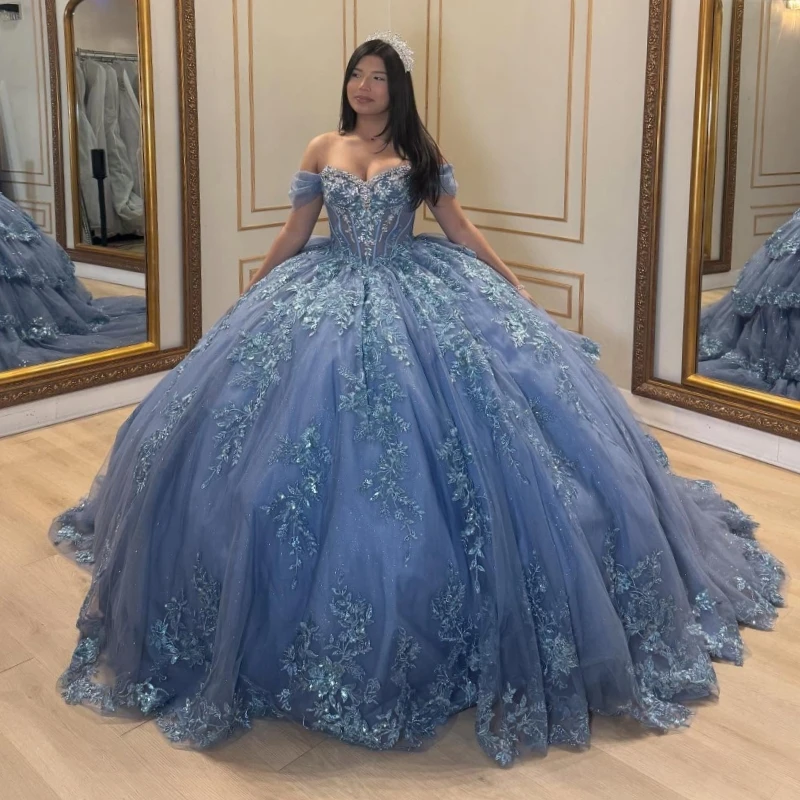 

Navy Blue Quinceanera Dress Ball Gown Off The Shoulder Applique Lace Beading Crystal Bow Tull Sweet 16 Dress Vestidos De 15 Anos
