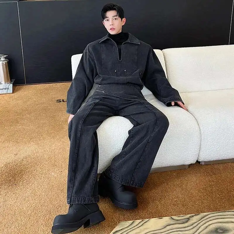 LUZHEN トレンディなデニムジャケット 2 点セット取り外し可能な新しいスカートパッチワークデザインスタイリッシュな男性ストレートジーンズ韓国レトロ LZ8901