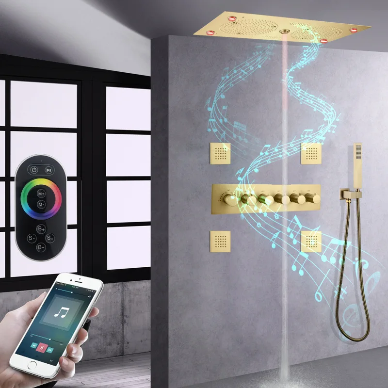 Hidden wall mounted intelligent control music speaker LED constant temperature embedded shower head top spray shower set