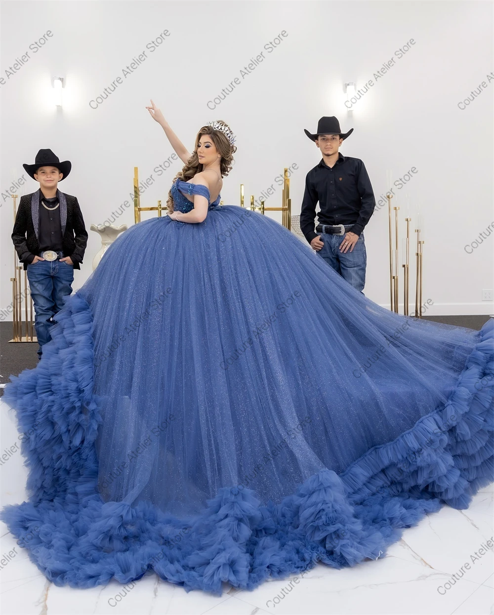 Glinsterend Blauw 15-jarig Quinceanera Jurken Kralen Kristal Applique Ruches Trein Bruiloft Baljurk vestidos de xv jaar Aangepast