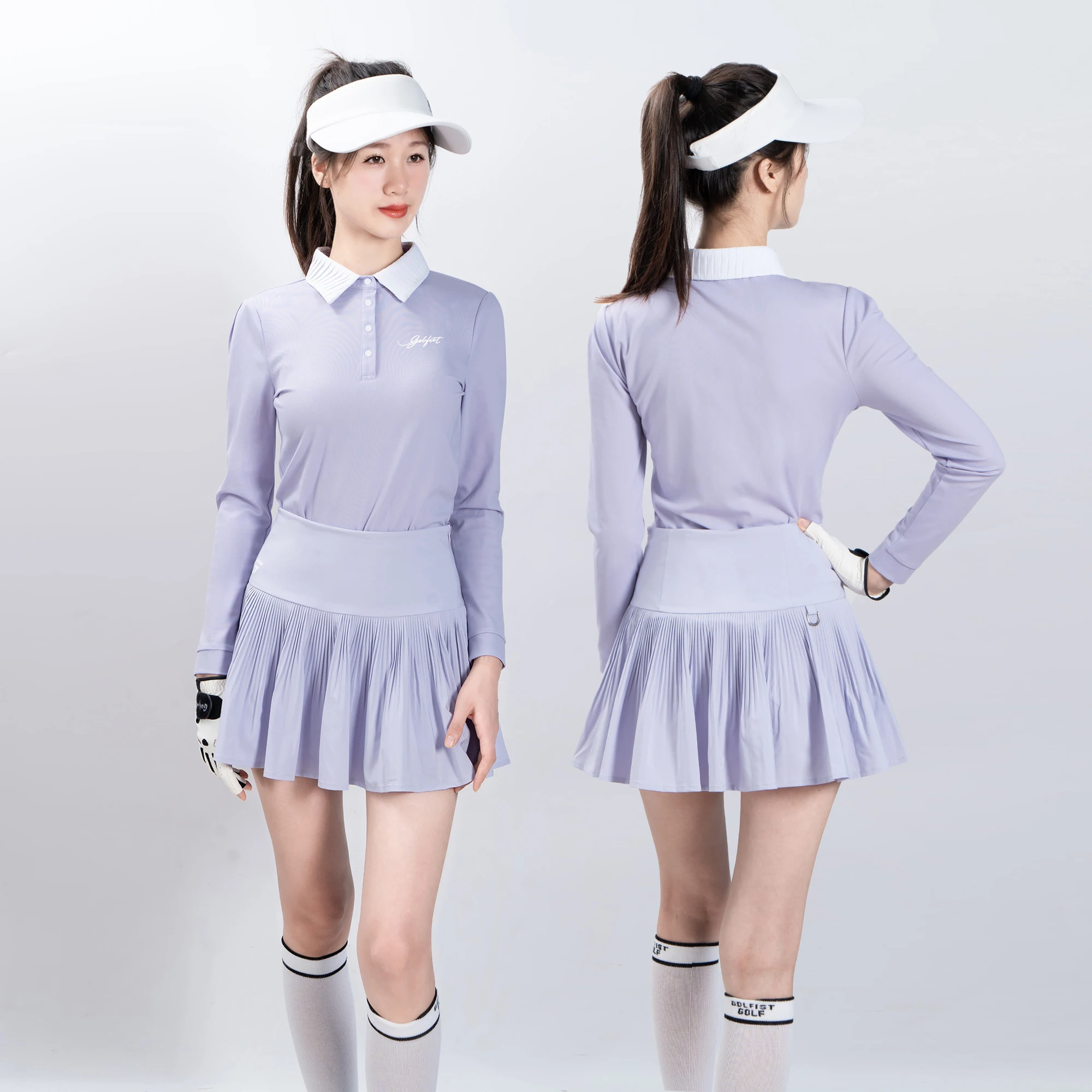 Golfist Casual Spring Autumn Golf Polo Shirt Sports Long-sleeved Tops Women's Pleats Skirt High Waist Plaid Tennis Skorts