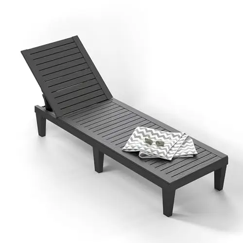 Outdoor Chaise Lounge Chair, Single, Black | 5-Position Adjustable Backrest, Waterproof & Lightweight, Durable
