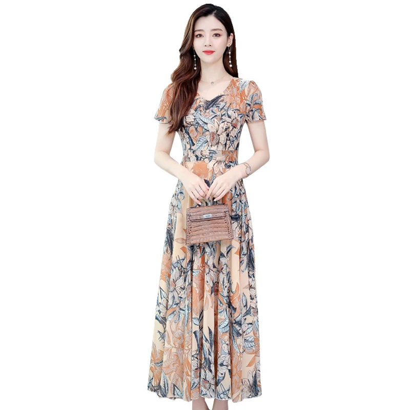 2024 Elegante Mode Bodycon Party Midi Jurk Vrouwen Bloemen Chiffon Korte Mouw V-Hals Maxi Jurk Zomer Boho Casaul Strandjurk