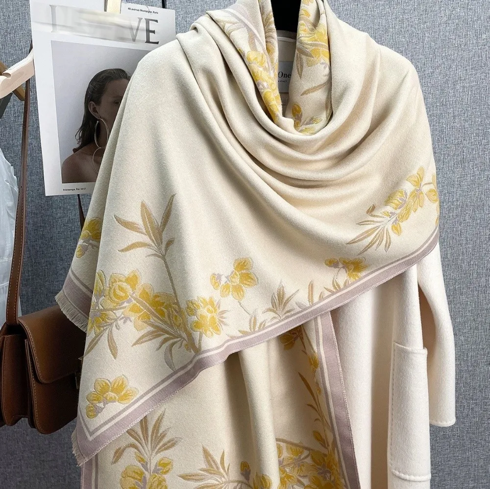 

Coldproof Luxury Imitation Cashmere Scarf Floral Print Thick Poncho Scarves Windproof Ethnic Style Pashmina Blanket for Women