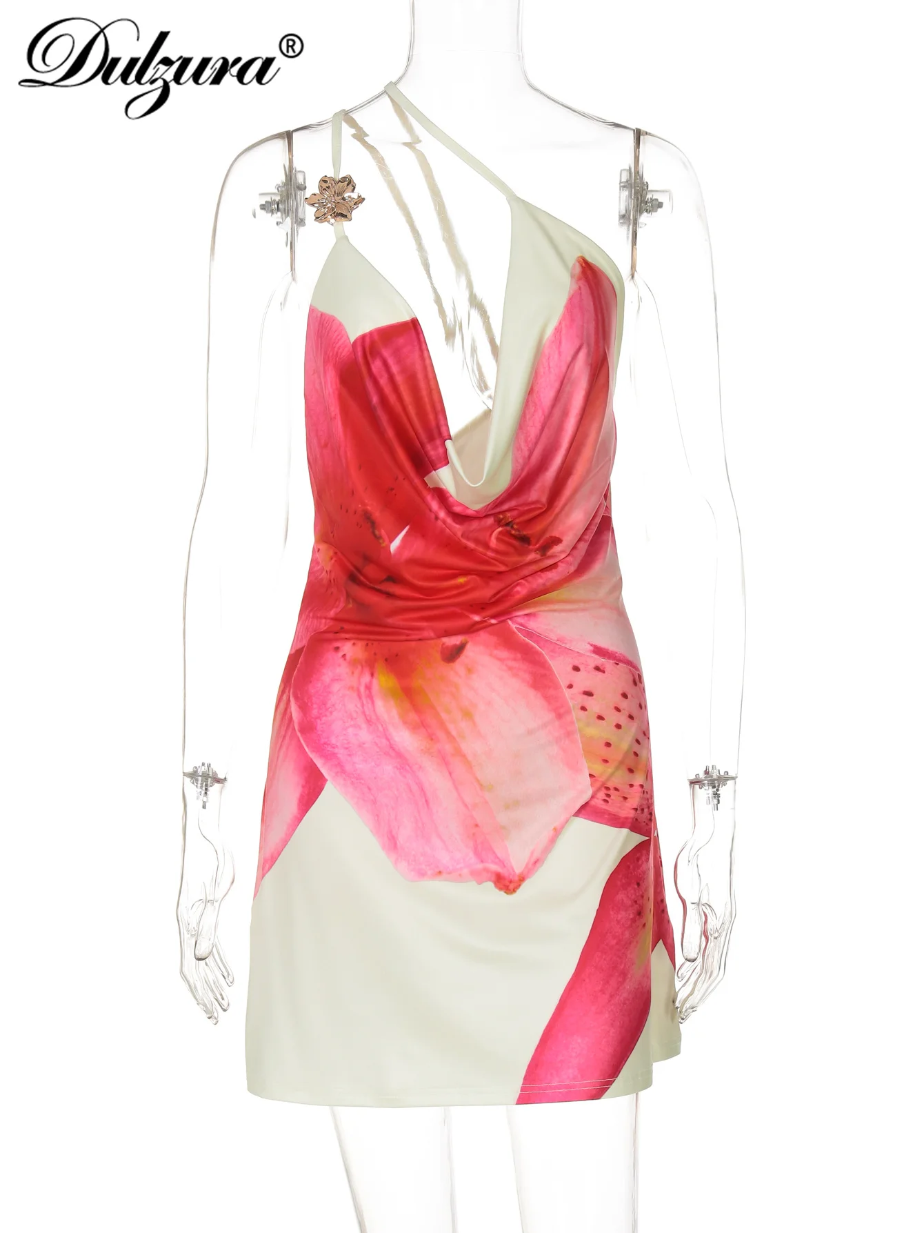 Dulzura Sukienka Mini na Ramiączkach z Kwiatowym Nadrukiem, Bez Rękawów, z Odkrytymi Plecami, Obcisła, Seksowna, Elegancka, Codzienna, Krótka Sukienka na Imprezę, do Klubu