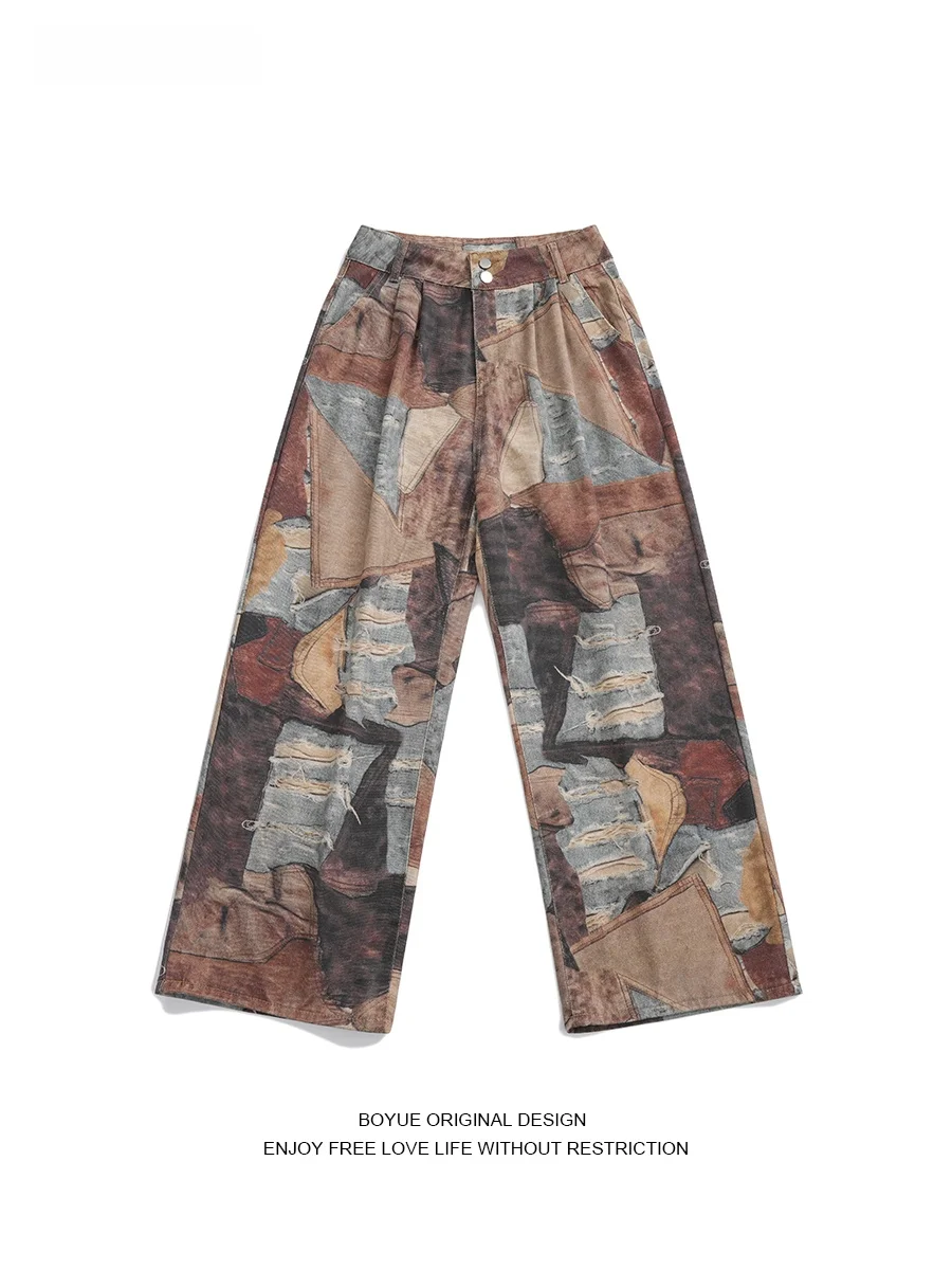 

Boyue Retro 3D Print Patchwork Straight Leg Jeans Men's Hip Hop Wide Leg Pants Casual Loose Fit Denim Jeans for Teens