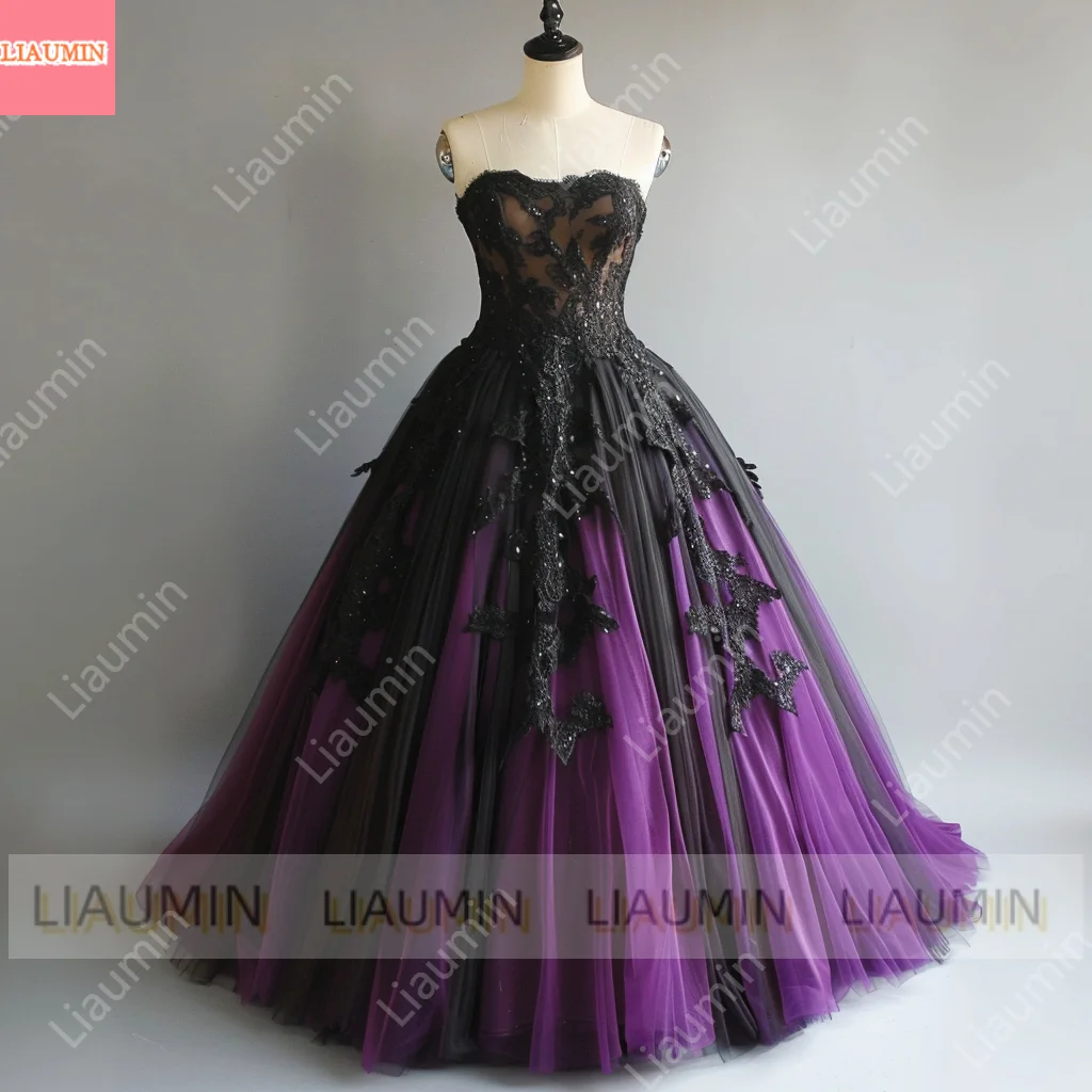 Purple and Black Lace Applique Sweetheart Strapless Ball Gown Full Length Evening Formal Party Prom Dress Customized W11-7