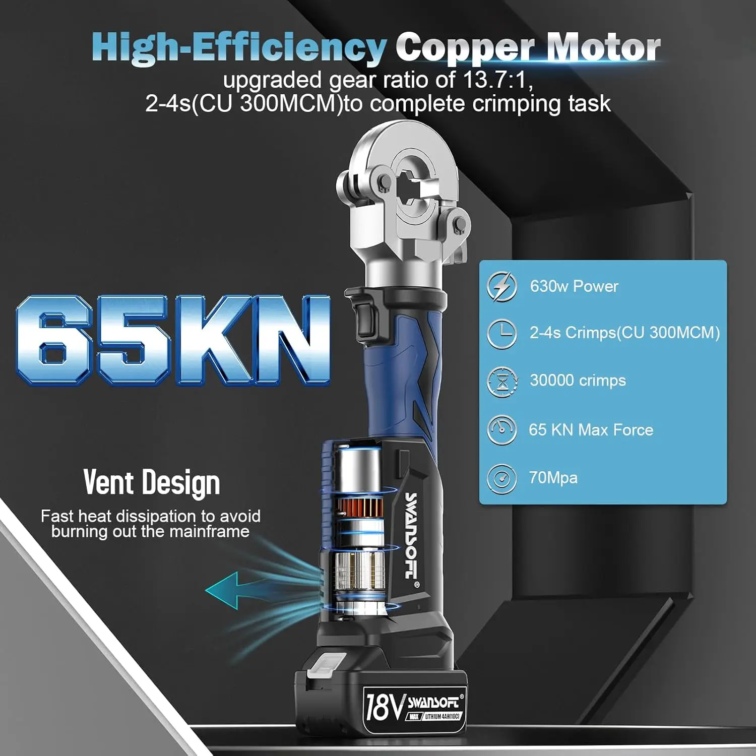 SWANSOFT Electric Hydraulic Crimping Tool, 6Ton 6AWG-600MCM Continuously Crimp Hydraulic Wire Crimper for Cu/Al Terminal, Crimp 30000 Times Wire Cable Lug Crimping Tool Kit with 11 Dies (600B)