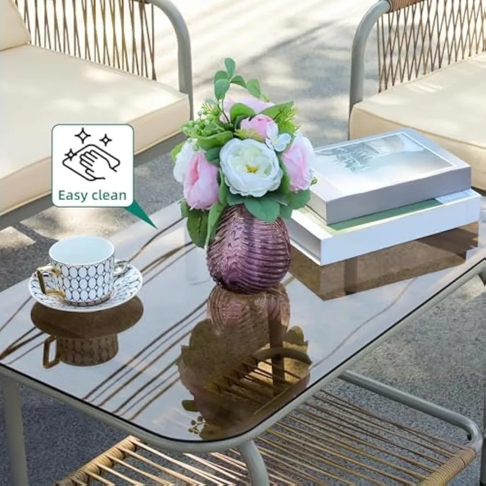 4 Pieces Patio Furniture Set, Wicker Outdoor Conversation Set, All-Weather Rattan Bistro Set with Loveseat Set, Coffee Table