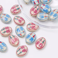 5pcs 16x21mm Hand-painted Double Tulip Flower Ceramic Beads For Jewelry Making Oval Shape Loose Spacer Porcelain Bead DIY