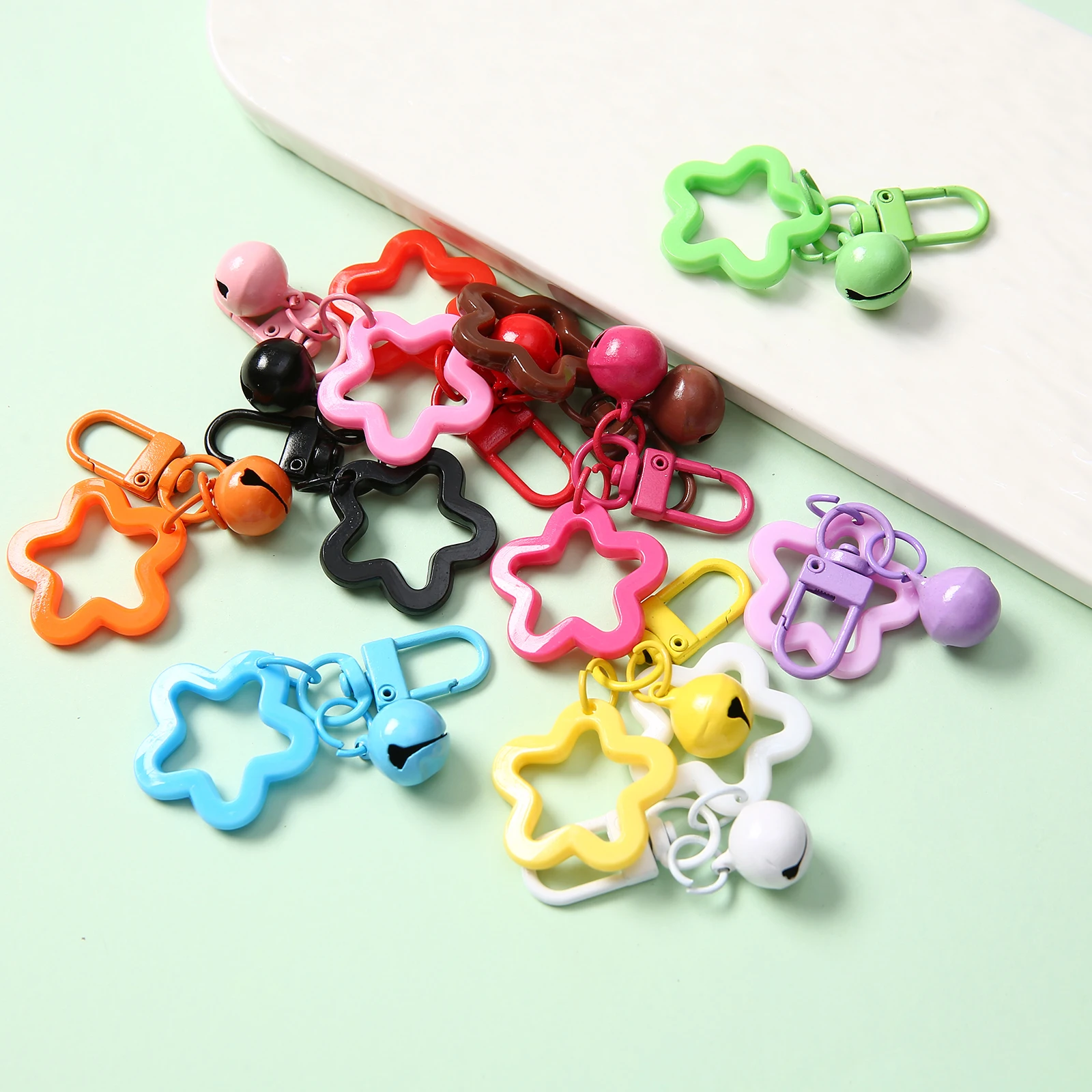 1-50 pcs Colorful Cute Flower Key chain with Bell Bag/Phone/Jewelry/keyrings Pendant for DIY Handmade Accessories