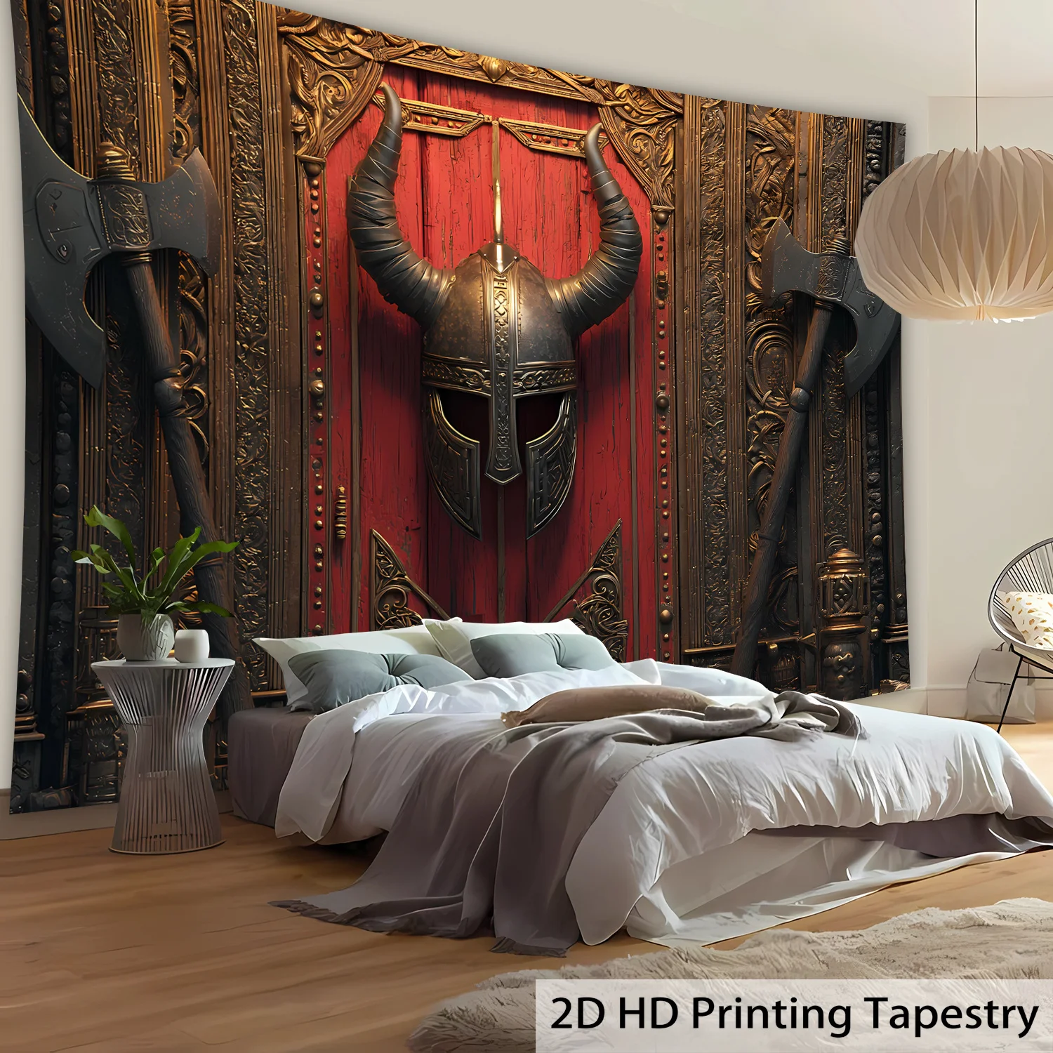 1pc Extra Large Viking Tapestry - Norse Warrior Decor with Battle Axe & Helmet in Red & Golden - HD Digital Print Wall Hanging - view 4