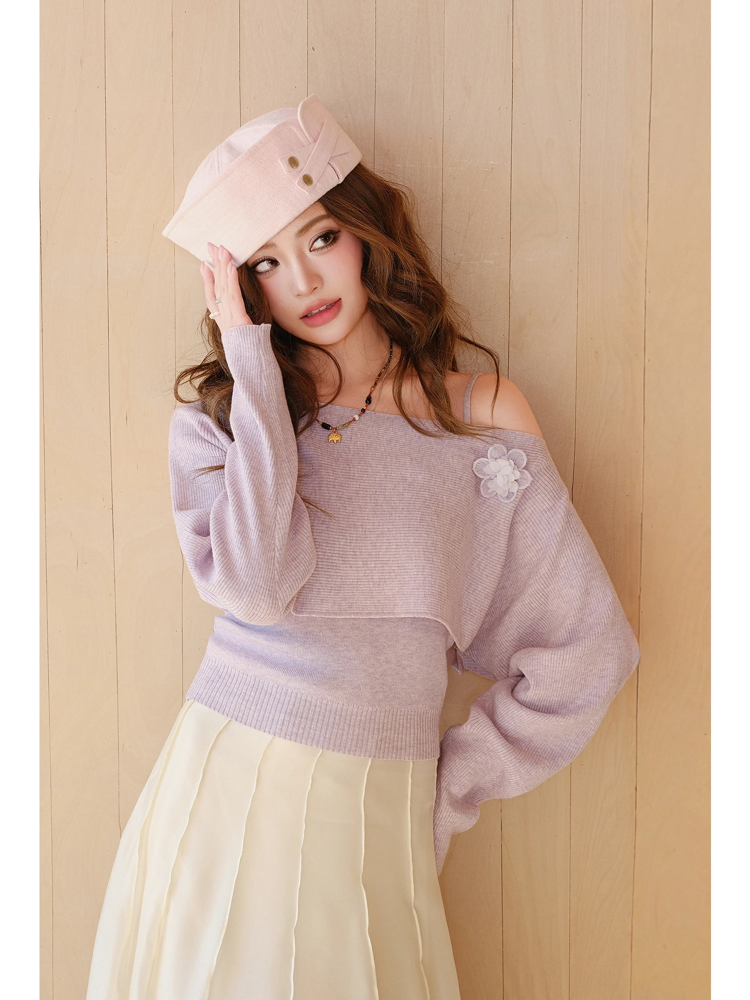 

Вязаный шерстяной комплект MIUCO из двух предметов: топ с открытыми плечами и длинными рукавами, свободный крой, вязаная одежда во французском стиле для женщин