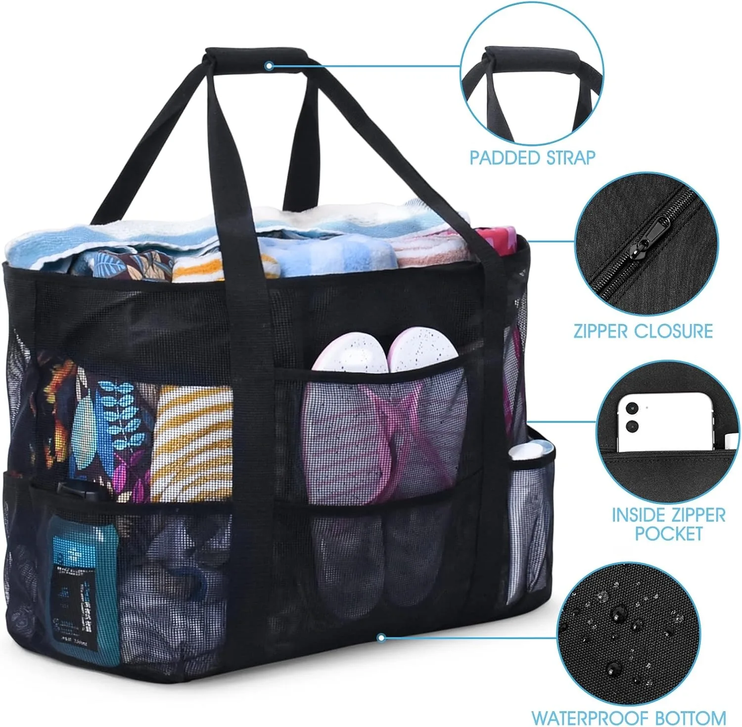 Mesh Beach Bag - Large Beach Tote with Multi Functional Pockets for Family Travel/Vacation