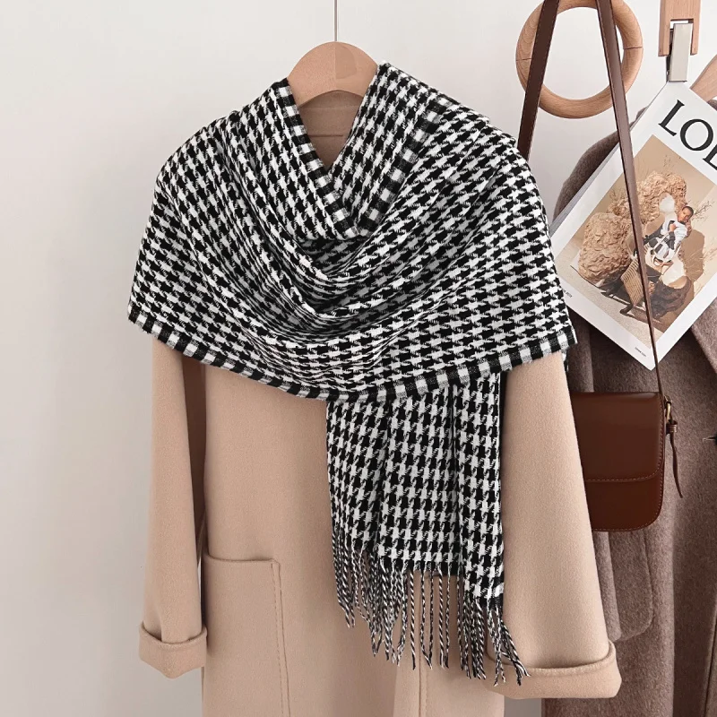 

Шарф с узором «гусиные лапки» для мужчин и женщин, зима2025, новый корейский стиль с кисточками, имитация кашемира, универсальный теплый шарф на шею