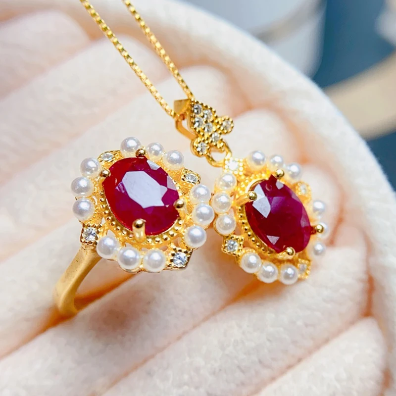 Natural Ruby jewelry sets for women rings pendant silver 925  luxury gem stones 18k gold plated free shiping items