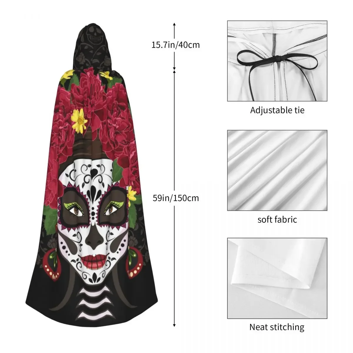 Long Cape Cloak Muerte With Peonies Calavera Catrina Day Of The Dead Hooded Cloak Coat Autumn Hoodies