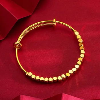 9999 real gold 24K yellow gold small square bead push-pull bracelet