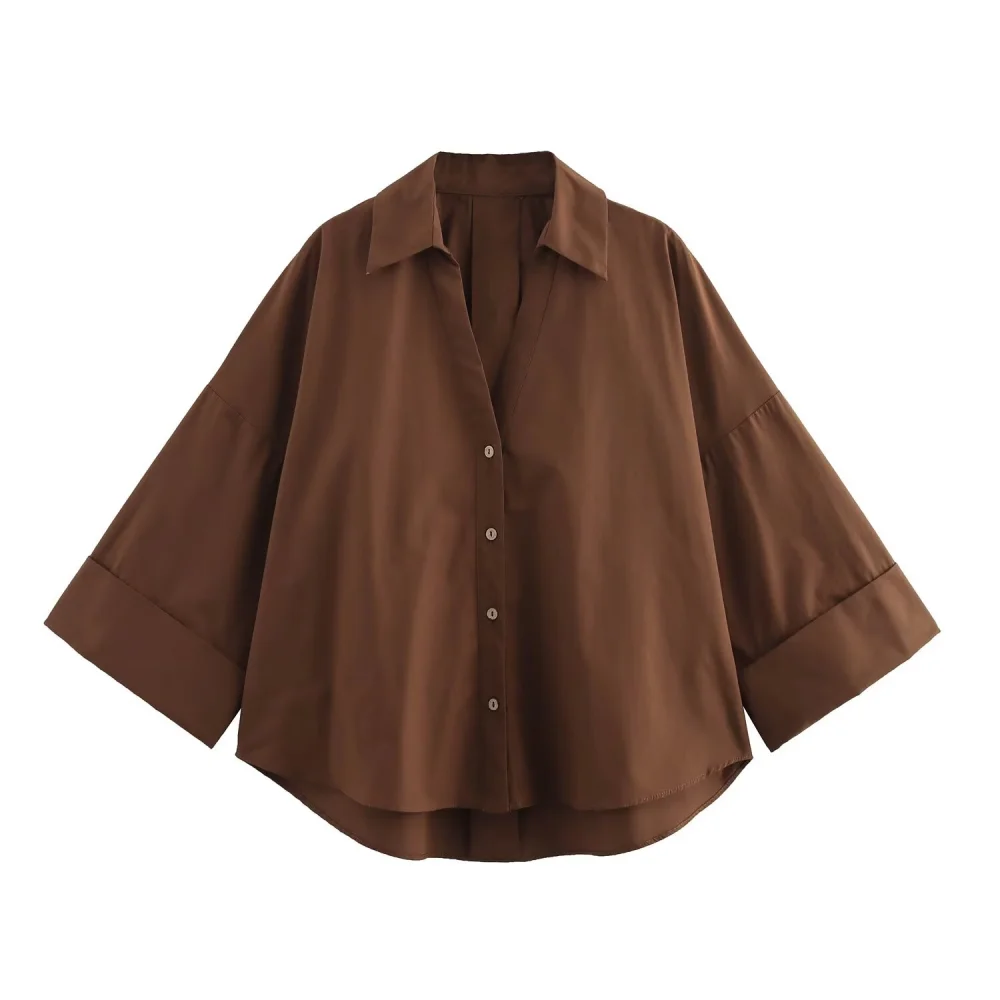 2025 BM&MD&ZA Women's Loose - fit Shirt with Pointed Collar and Button - down Front 3/4 Roll - up Sleeves for a Casual Look