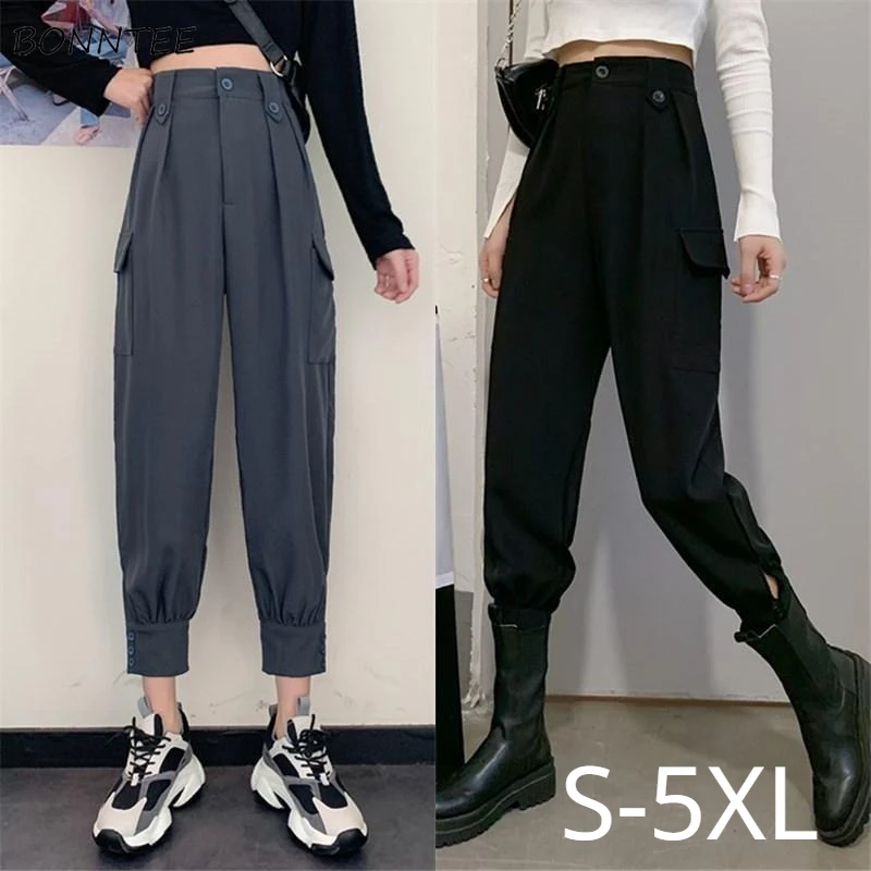 

Chic Cargo Pants Women High Waist All-match Loose Autumn Winter Ulzzang Cool Ankle Length Solid S-5XL Pockets Popular Female