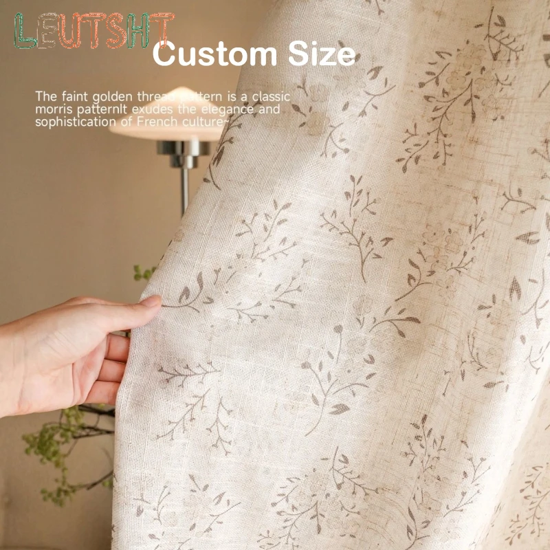 American Pastoral Small Fresh Linen Floral Gauze French Window Screen Light-transmitting and Opaque Partition Custom Size