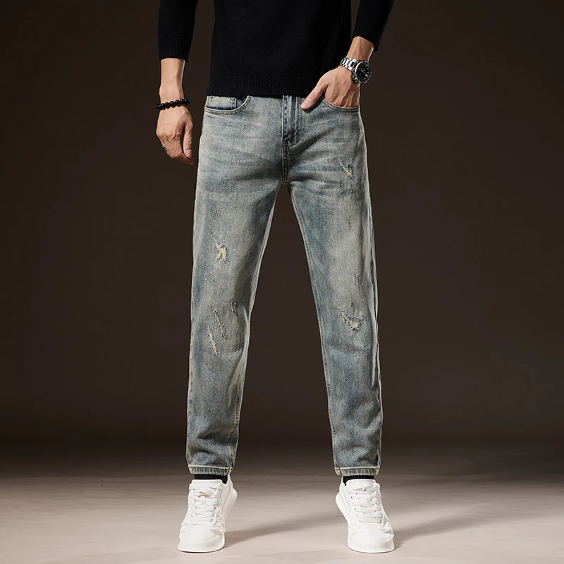 

2024 Autumn/Winter New American Jeans for Men Casual Loose Straight Perforated Scratched Pants Ripped Jeans Denim Cargo Jeans