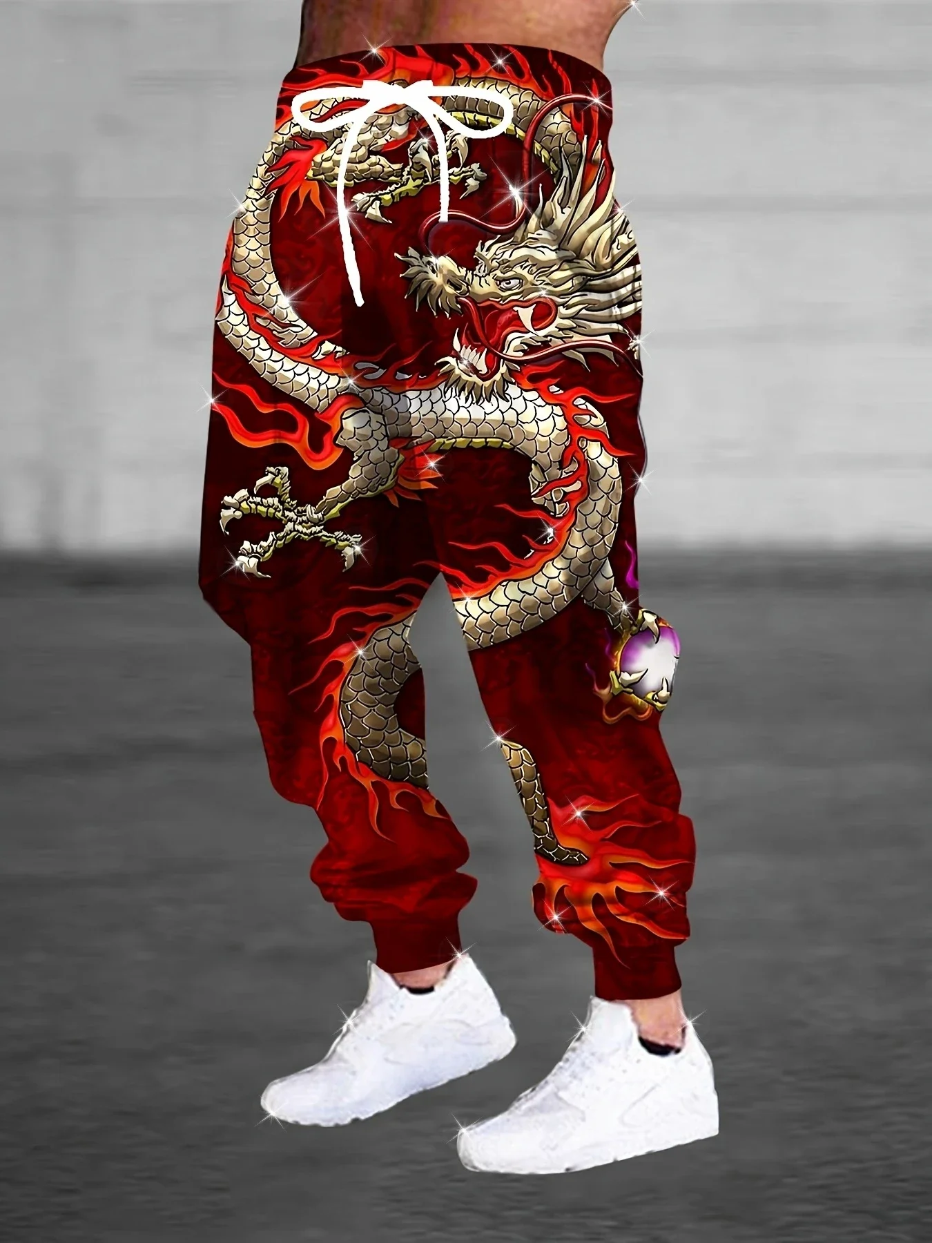 Men Chinese Dragon Flame 3D Print Jogger Pants Polyester Drawstring Elastic Waist Casual Streetwear Sweatpants With Pockets