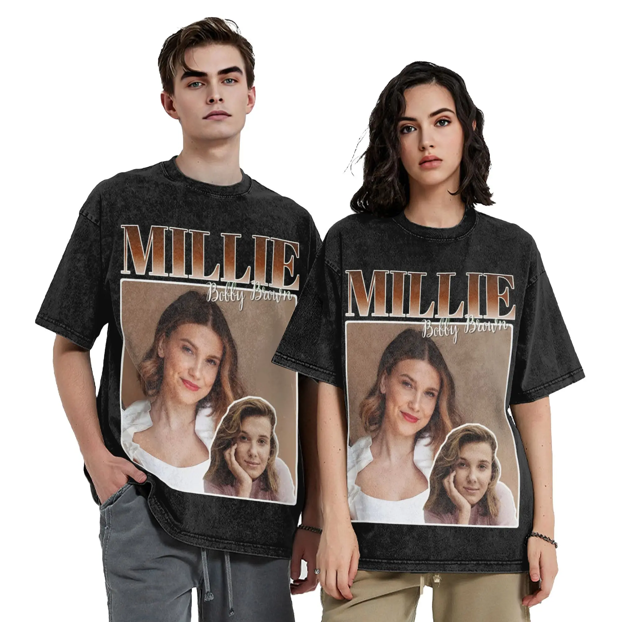 Millie Bobby Brown T Shirts Hip Hop Washed Cotton Harajuku T-Shirt  Fashion Men Women Tops Streetwear Graphic Printed Tee Shirt