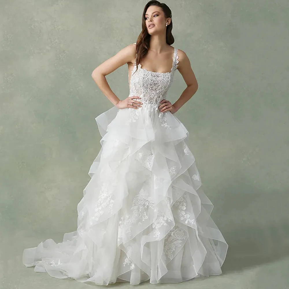 Vintage A-Line Irregular Applique Wedding Dress Spaghetti Straps Sleeveless Square Collar Sexy Bridal Open Back Gowns Robe