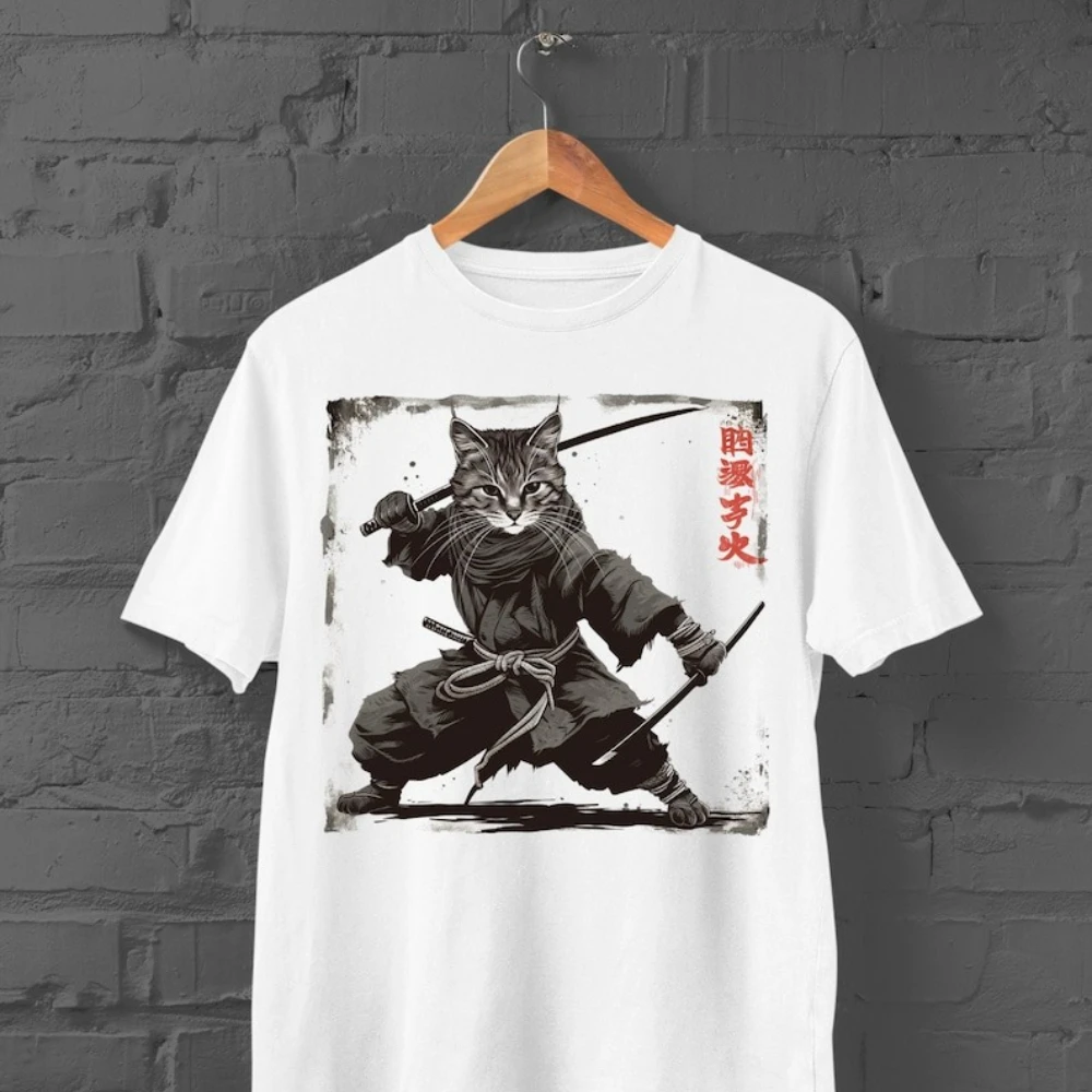 Samurai Cat T-Shirt Cat Kimono Anime Kitten Harajuku Y2K Top Unisex Cotton Graphic Tee Kawaii Streetwear Vintage Cute Cat Shirt