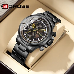 BORUSE Business Black Watches Men Sport Case Male Business Waterproof Chronograph Watches New Luxury Wristwatch with Boxes