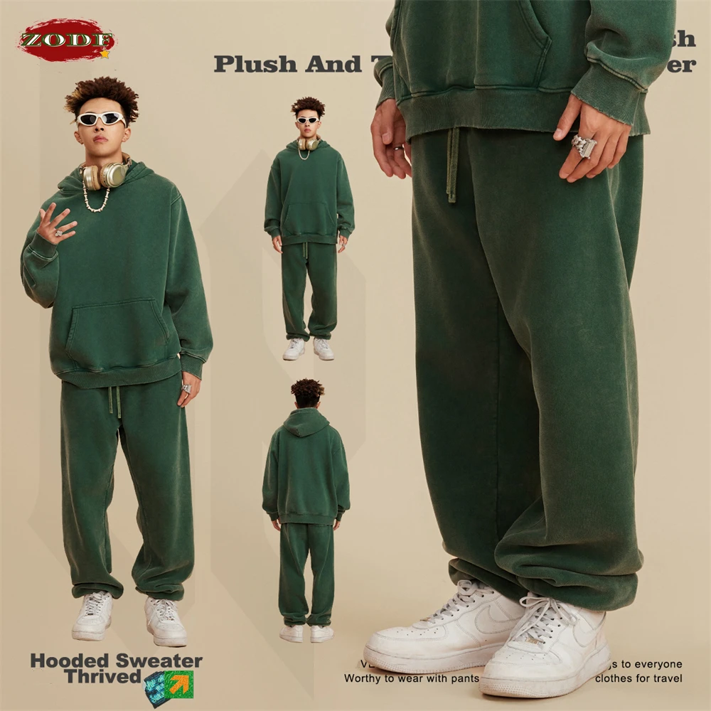 ZODF 2023 Winter Men Washed Thick Fleece Sweatpants American Retro Unisex Loose 355gsm Joggers Pants Streetwears HY0668