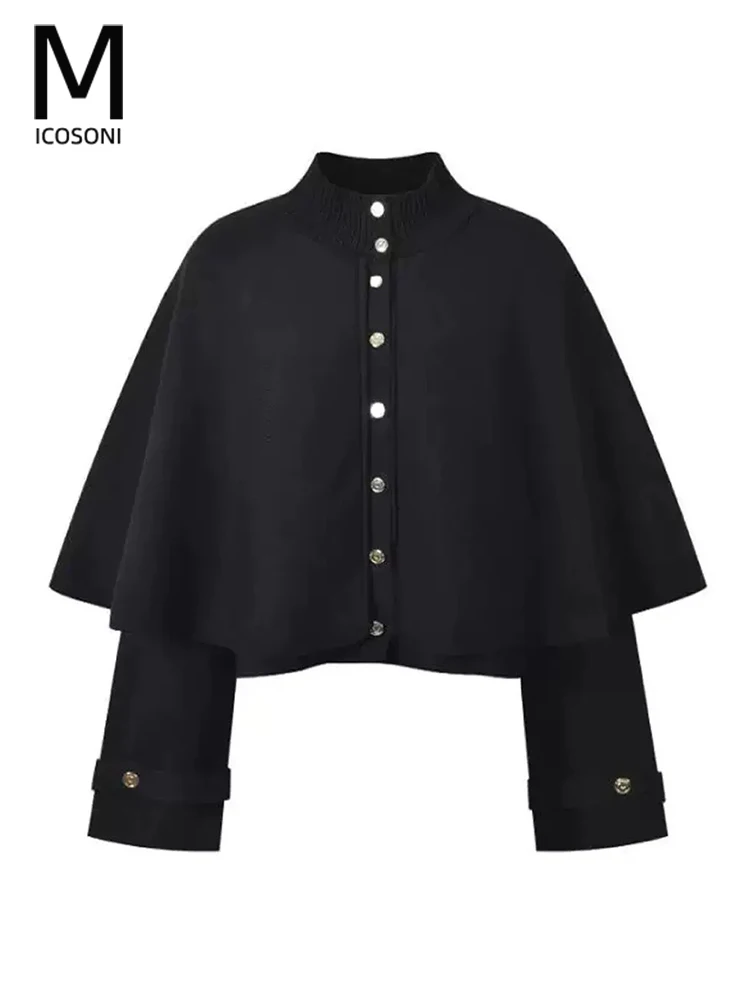 

Micosoni Women's Unique Knitted Cardigan Coat Half-High Collar Cape-Style Fashionable Metal Button Versatile Design Sweater