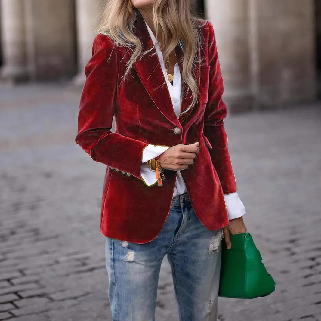 Red Blazers for Women Jacket Single Button Suit Collar Blazer Coat Velour Long Sleeve Simple Fashion Female Outerwear