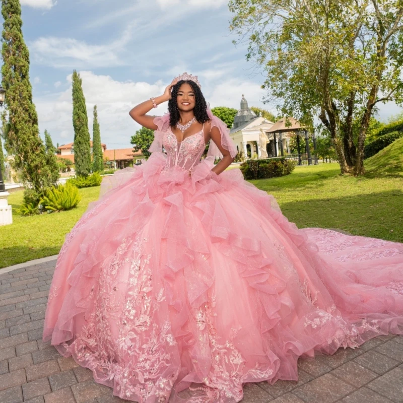 

Pink Shiny Ball Gown Quinceanera Dresses Applique Lace Beading Crystal Tiered Tull Bow Corset Off The Shoulder Sweet 16 Dres