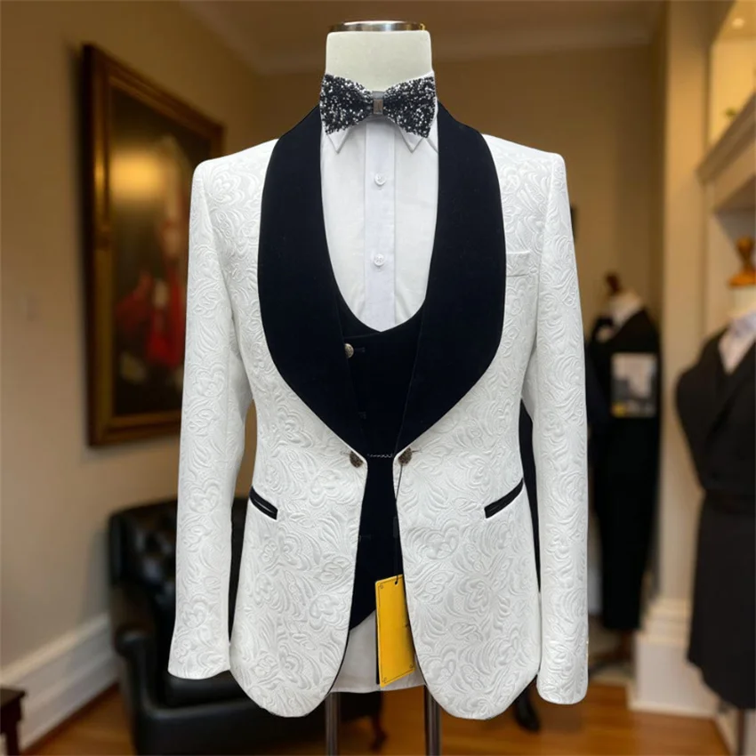 3 Pcs Floral Groom Tuxedo for Wedding Black Shawl Lapel Formal Men Suits Set Jacket with Pants Vest Ready to Ship