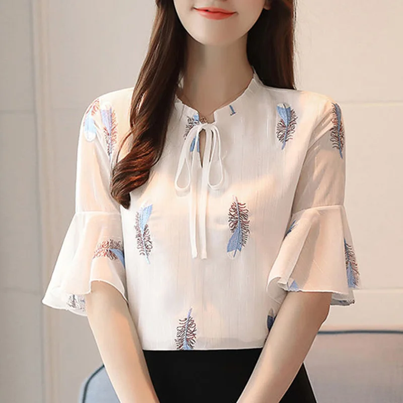 

Elegant Ruffles Printed Lace Up Bow Chiffon Blouse Women's Clothing 2023 Summer New Casual Pullovers Korean Flare Sleeve Shirt