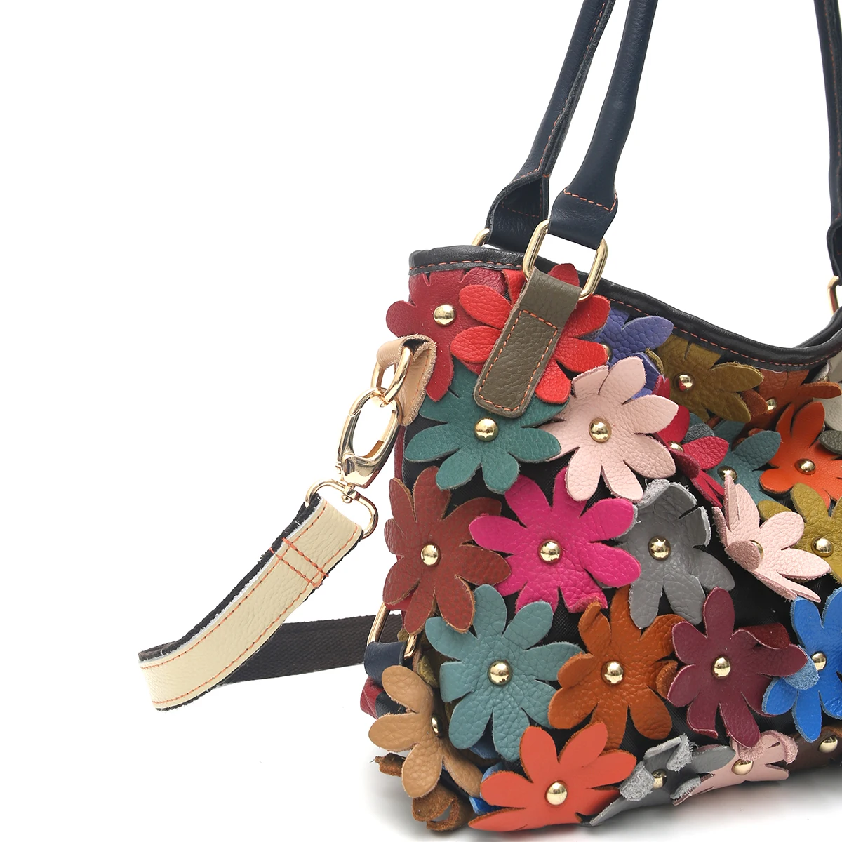 Multi Color Genuine Leather Flowers Applique Handbag Women Retro Casual Cowhide Patchwork Daily Big Tote Shoulder Cross body Bag