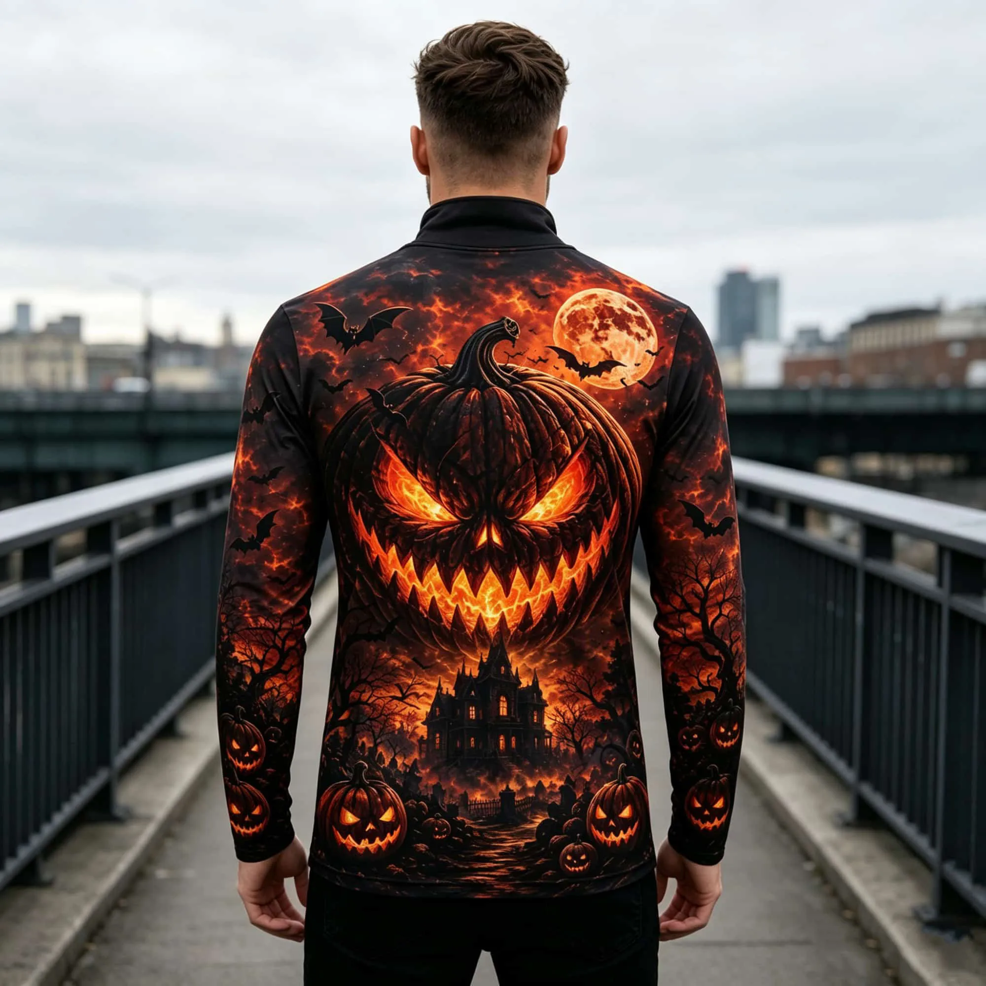 Party Street Fashion Top Men Mock Neck Long Sleeve Halloween T‑Shirt Jack‑O‑Lantern Pumpkin Bat Print Horror Cosplay Outfit