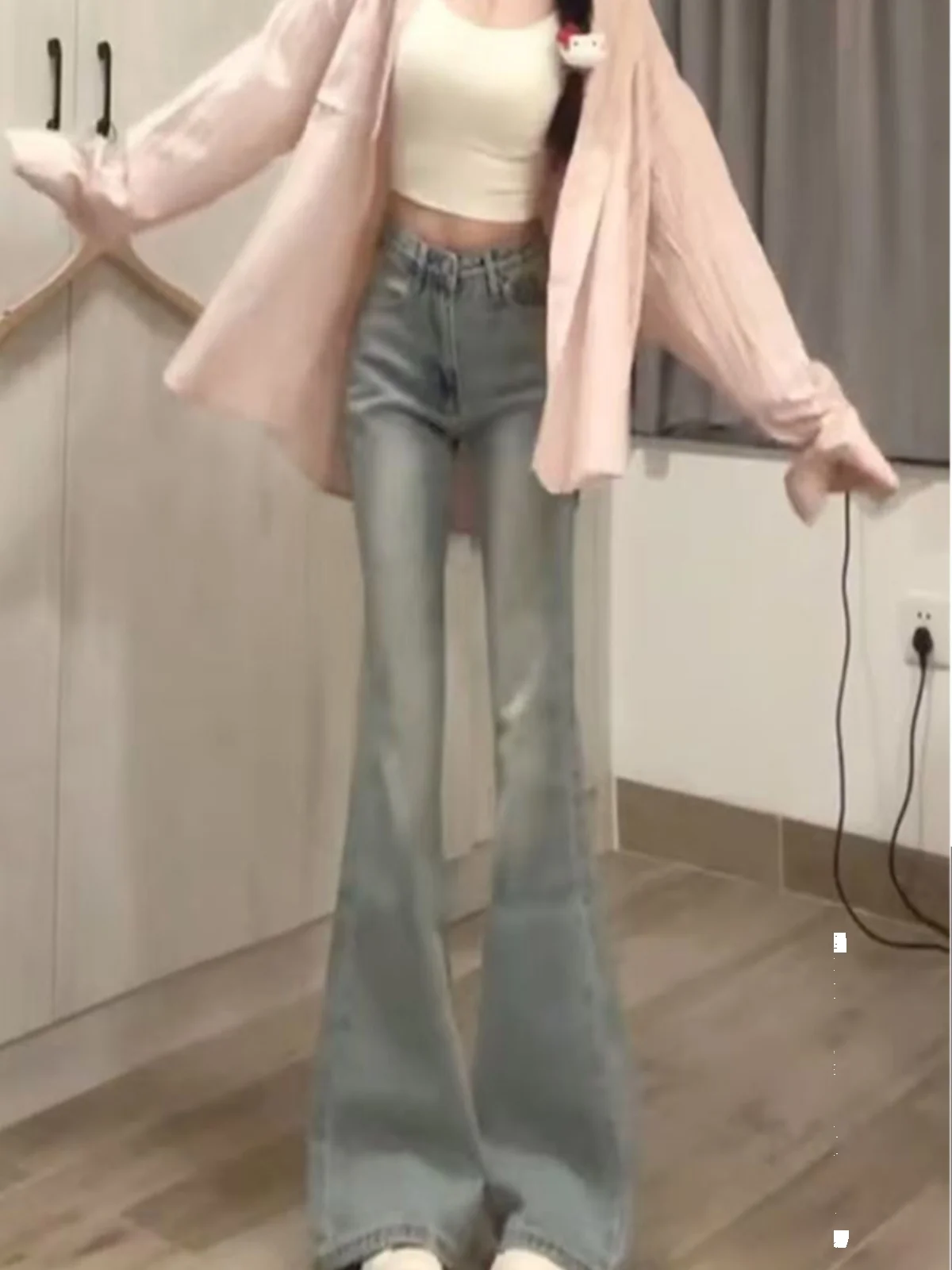 Light Fleece Lined Micro Flared Denim Jeans Women's Autumn Winter New Retro Small Size Elastic  Hoof Long Pants