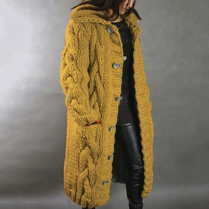 Damenpullover, neuer lässiger, lockerer, europäisch-amerikanischer Mode-Cardigan mit Umlegekragen, gestrickter langer Mantel, Pullovermantel in großen Größen – Detail 6