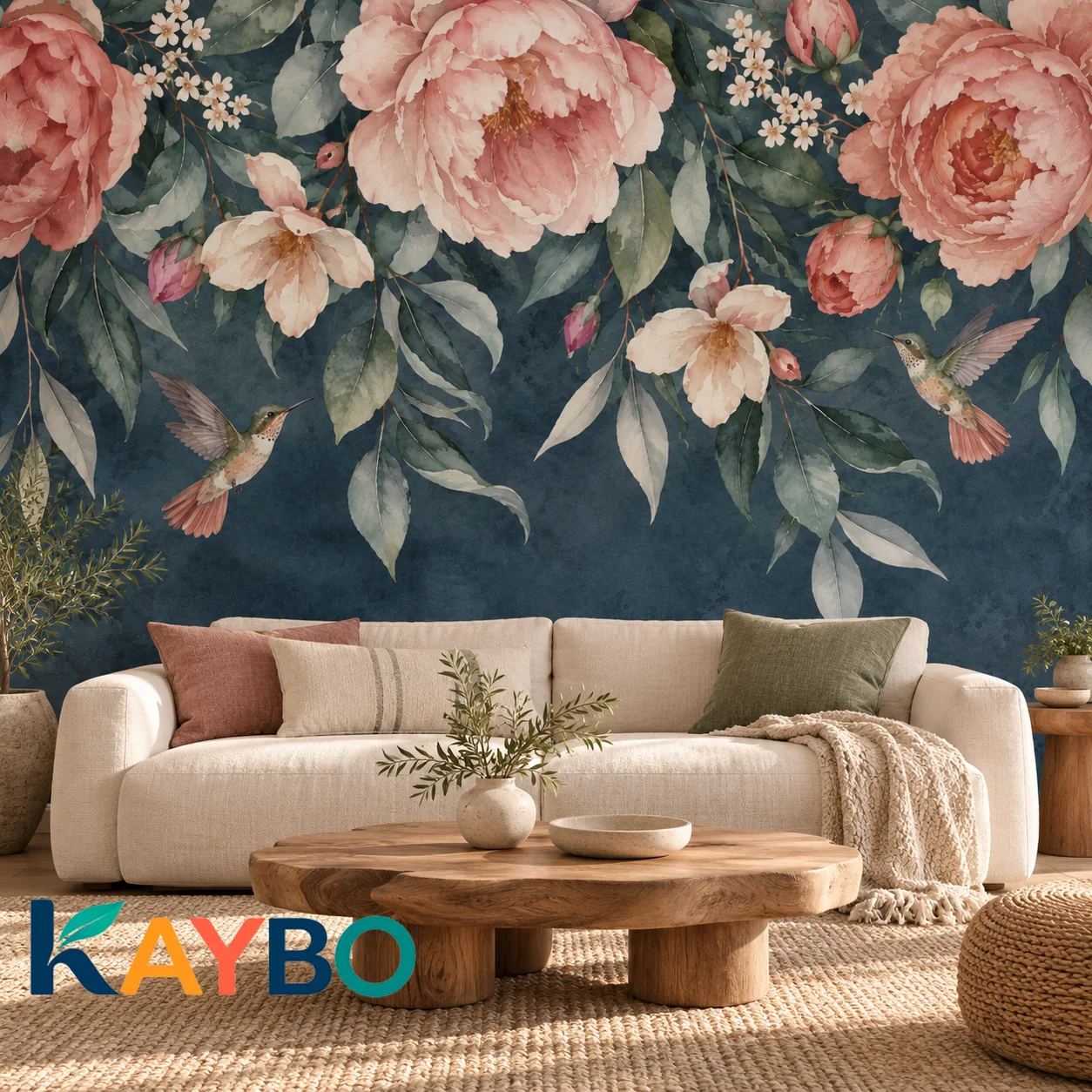 Floral Wallpaper Mural Non Self Adhesive Hummingbird Peony Wall Decor Botanical Bedroom Living Room Accent Wall Covering Vintage