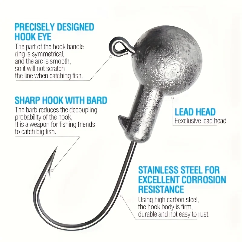 10pcs/Box Round Ball Fishing Jig Heads Hooks Set High Carbon Steel Jigging Head Hook for Soft Lure Saltwater Swimbait Bass Trout