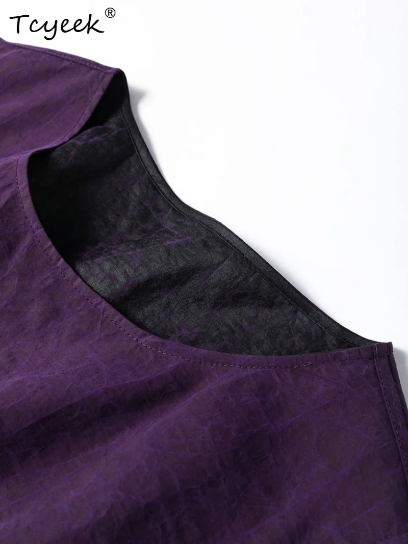 Tcyeek 100% Real Mulberry Silk Tops for Women 2026 Summer Vintage Elegant Purple H-shaped Tanks Top Clothes for Woman Ropa Mujer
