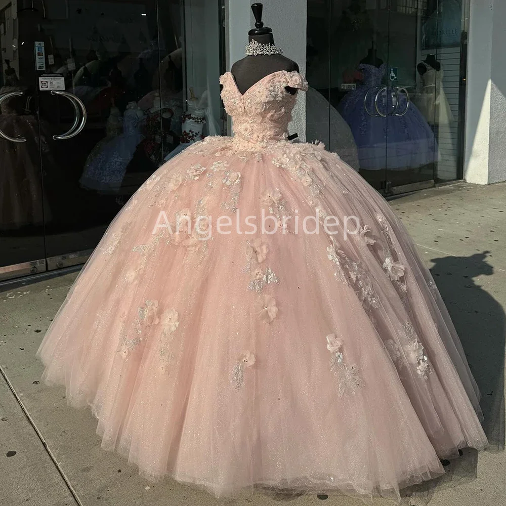 

Angelsbride Shiny Tulle Pink Sequined Appliques Ball Gown Quinceanera Dresses Girls Birthday Prom Sweet 16 Vestido De 15 Anos