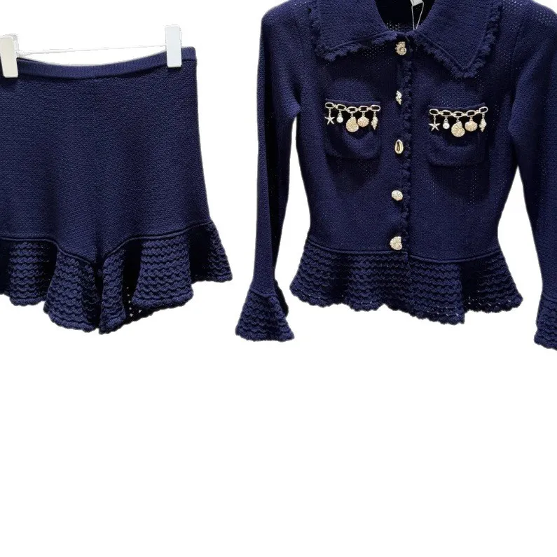 

Women's Navy Blue Set Bead Turn-Down Collar Single Breasted Knitted Cardigan Top+Ruffle High Waisted Shorts 2026 Spring/Summer