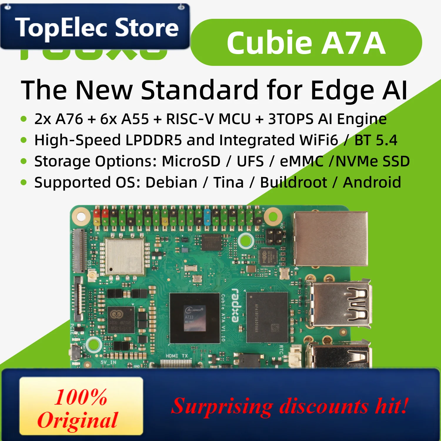 TopElec Radxa Cubie A7A,The New Standard for Edge Al,High-Speed LPDDR5,Single Board Computer