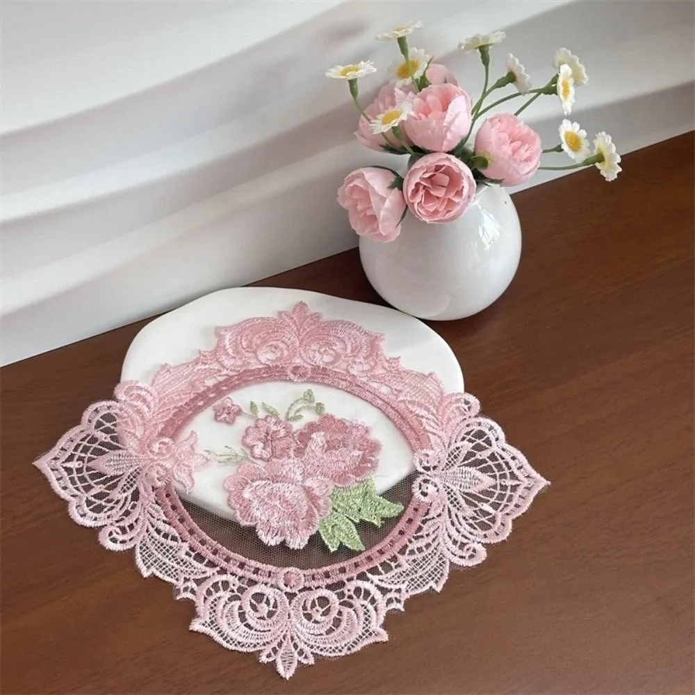 Elegant Oval Lace Embroidered Coaster Anti-scald Photo Props Dining Table Cover European Style Coffee Drink Pad for Home Decor